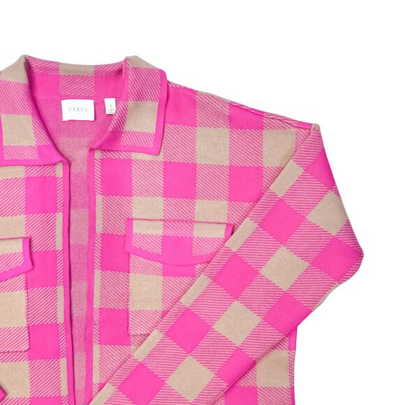 Cyrus Pink & Tan Buffalo Plaid Knit Cardigan - Size S - Picture 5 of 8